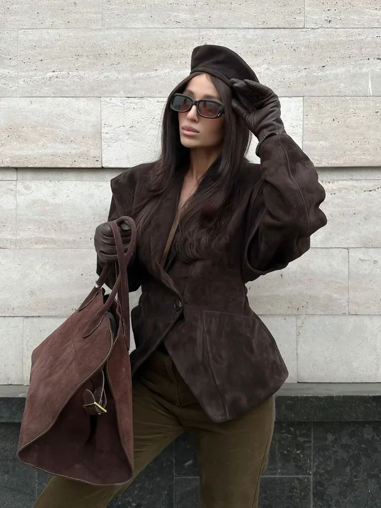 Dark Brown Suede Oversized Blazer Women Long Sleeve Wide Shoulders Coat 2025 Autumn Highstreet Leisure Chic Lady Outerwears 250811