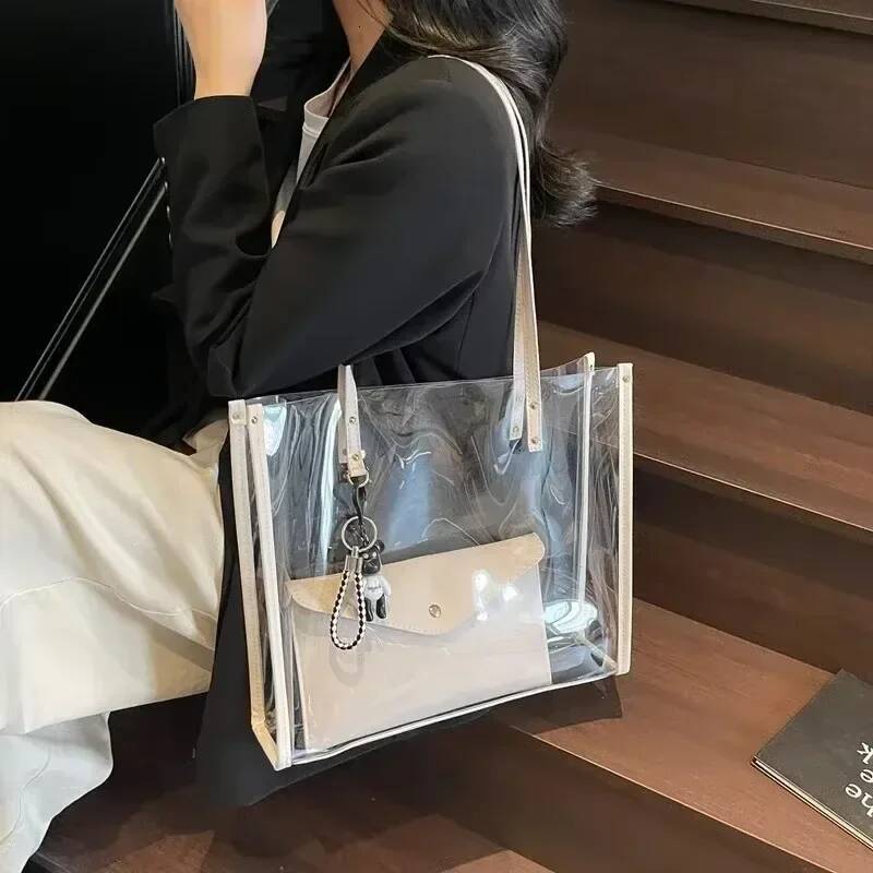 PVC Transparent Material Tote Bags Large Capacity Zipper Sewing for Women 2025 New Thread High Quality Mother and Son Bag