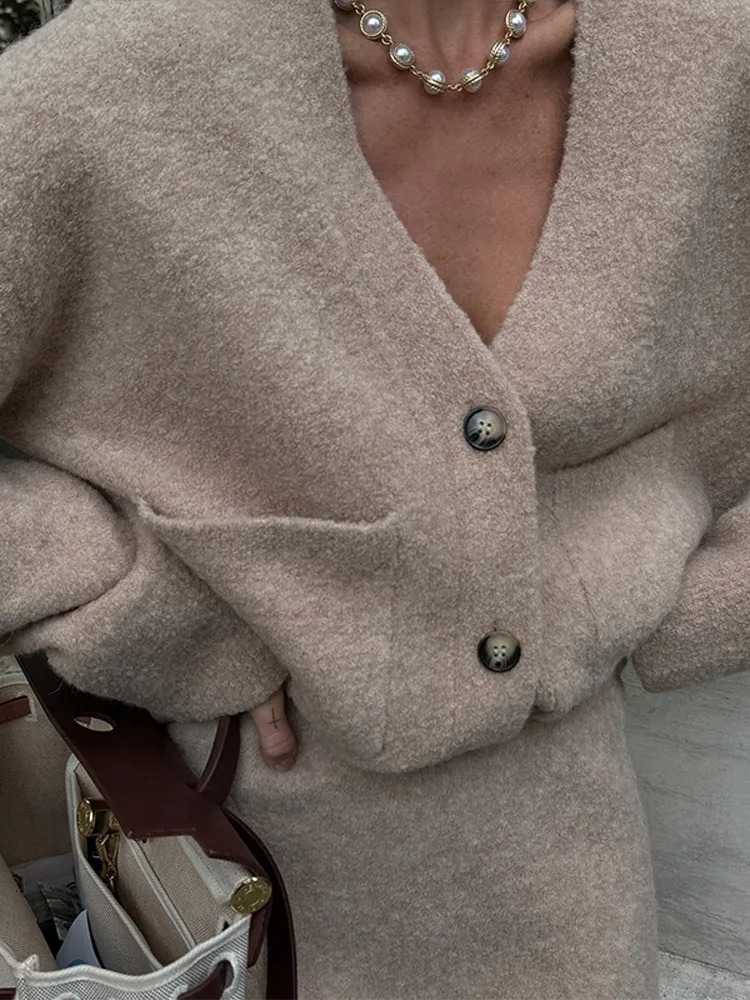 Knit Solid Women Cardigan Set A Line High Waist Female Skirt Suit Elegant Single Breasted Full Sleeve Lady 2 Pieces Sets 250811