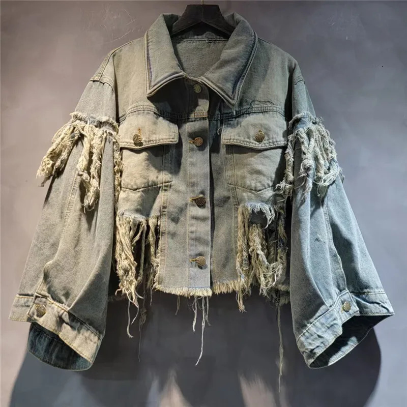 Women Worn Out Fringed Rough Edged Short Denim Jacket Tassels Cow Coat Haren Pants Wide Legs Jeans Spring Autumn 2Pcs Set 250808