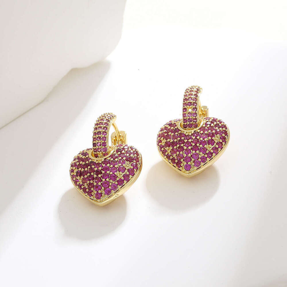 Light High-End Feel Elegant Colorful Zircon Heart-Shaped Love for Women Peach Heart Drop Earrings Ear Clips