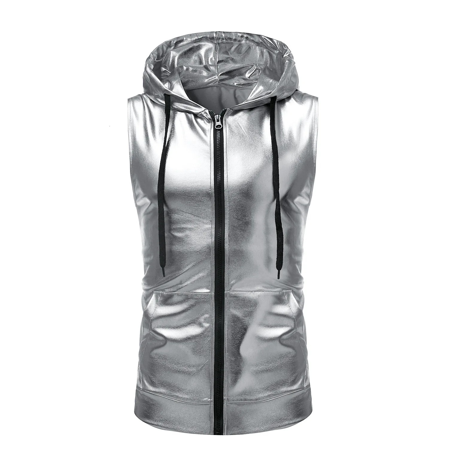 Gold Mens Hooded Vest JacketZipper Access Sleeveless Vests Coat SilverBlack Waistcoat Size SXXL 250805