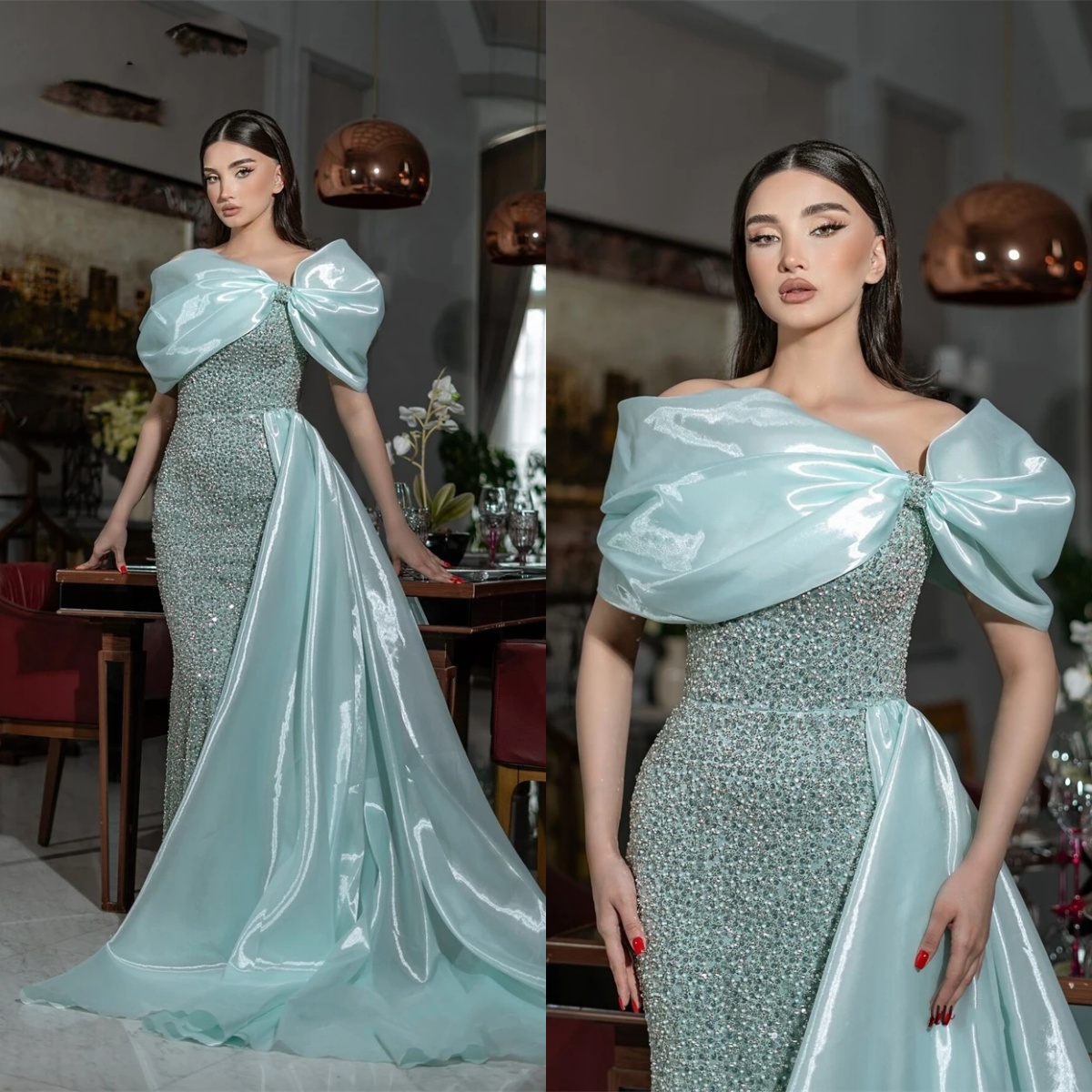 Elegant Evening Dresses For Women Off Shoulder Sleeves Gown Beaded Sequins Sweep Train Dress Party Customized Dress