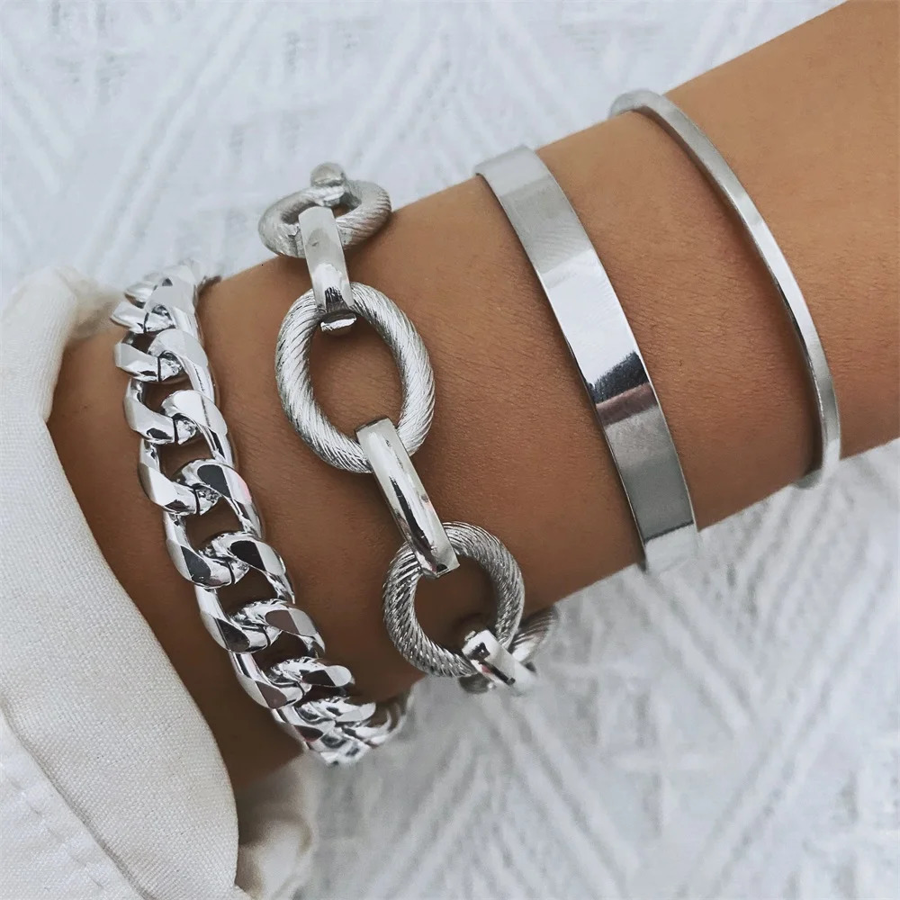 4Pcs Punk Heavy Metal Big Thick Chain Bracelet Set Women Retro Geometric Metal Twist Chain Bangles Bracelet Fashion Jewelry 250811