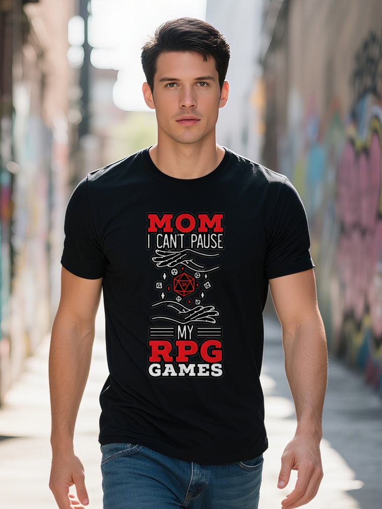 Men s Casual T Shirt Mom I Can't Pause My RPG Games Design D Dice Gaming Icons Black with RedWhite Summer Round Neck