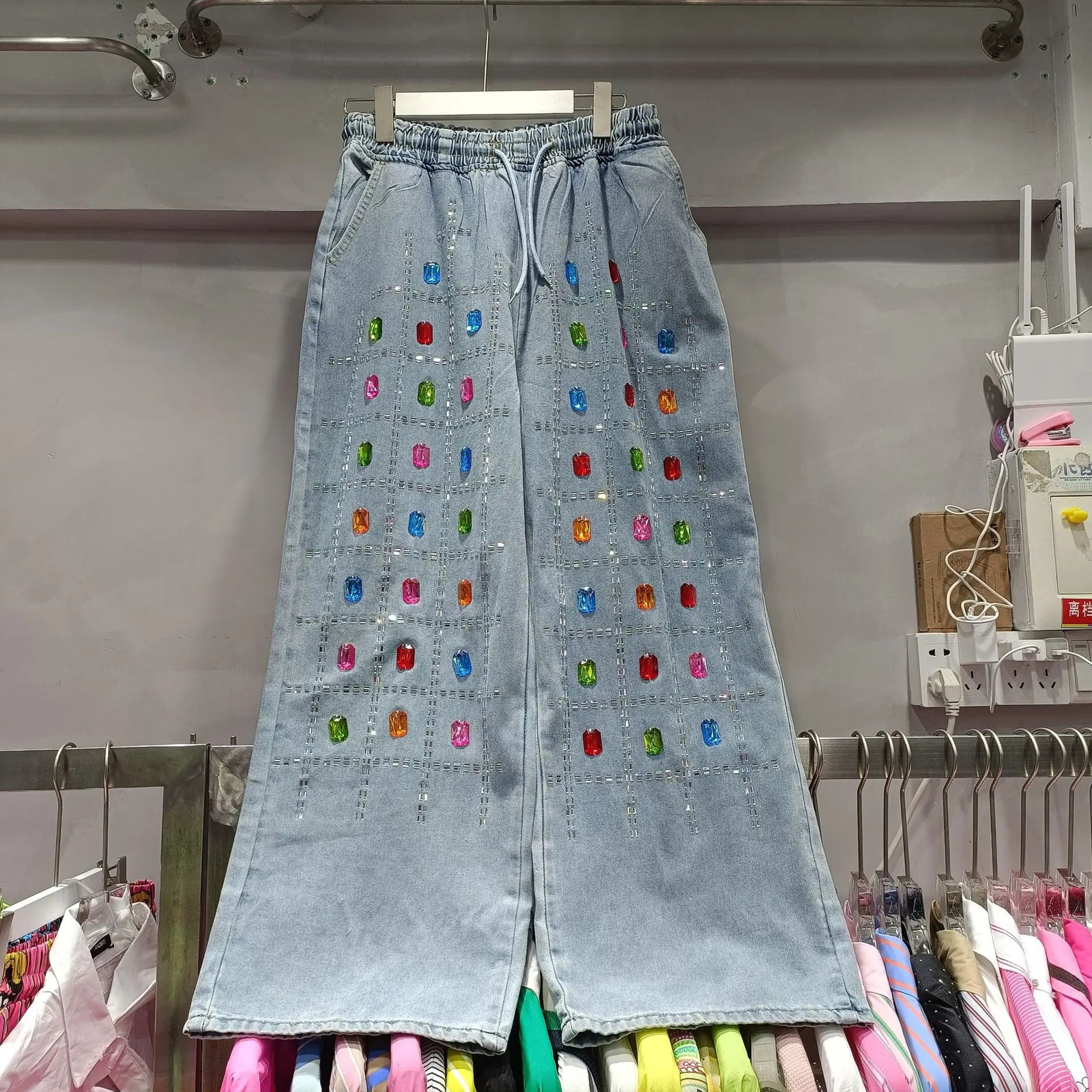 Spring Womens Rainbow Diamonds Denim Blouses Cow Plaids Drilling Shirts Coat Wide Legs Denim Pants Jeans Trousers 2Pcs Set 250808