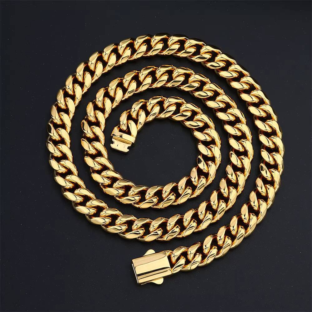 Classic High Polish Heavy Mens Hiphop Stainless Steel Chunky Maimi Curb Cuban Link Chain Men 18k Gold Plated Necklace