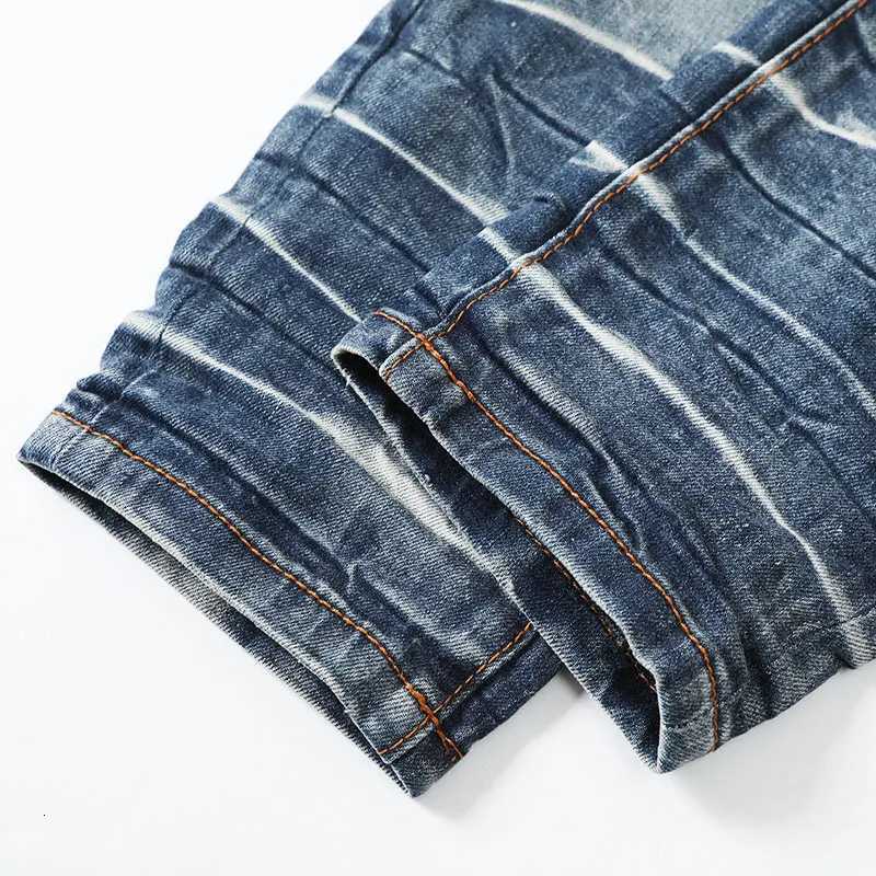 High Street Fashion Men Jeans Retro Washed Blue Stretch Skinny Fit Printed Patched Ripped Jeans Men Brand Designer Hip Hop Pants X250812