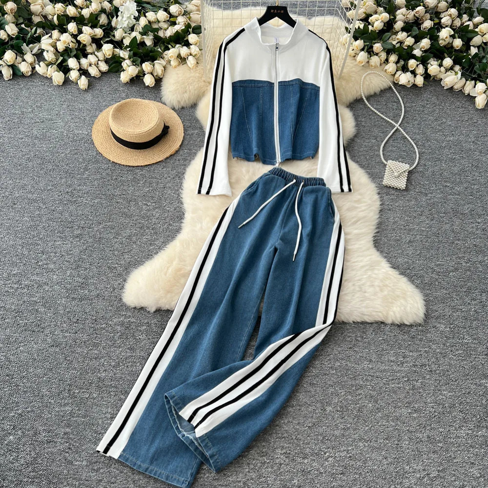 Denim Pant Set Women Two Piece Sets Autumn Matching Sets Zipper Coats Wide Leg Long Pants High Waist Y2k Streetwear Shirt Work 250808