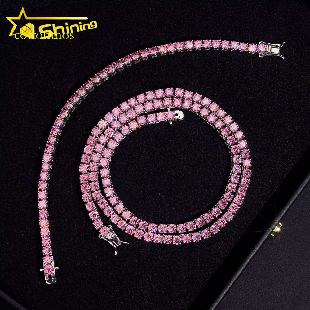 New Sier 3mm 4mm Pink Silicon Stone Hip Hop Iced Out Men Women Necklace Tennis Chain