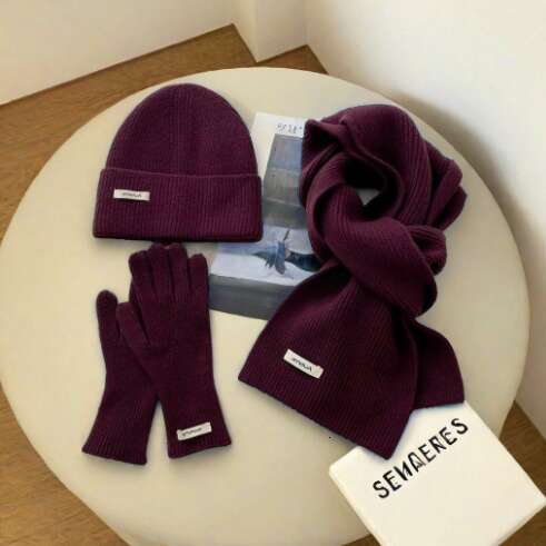 beanie cap Burgundy Scarf Hat Two-Piece Anti-Frost Gloves Christmas Gift Student Warm Three-Piece Set