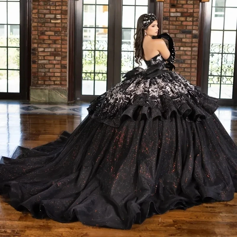 Black Shiny Quinceanera Dresses Off The Shoulder Lace Applique Bow Tull Ball Gown Birthday Party Sweet 16 Dress Vestidos 15 Anos