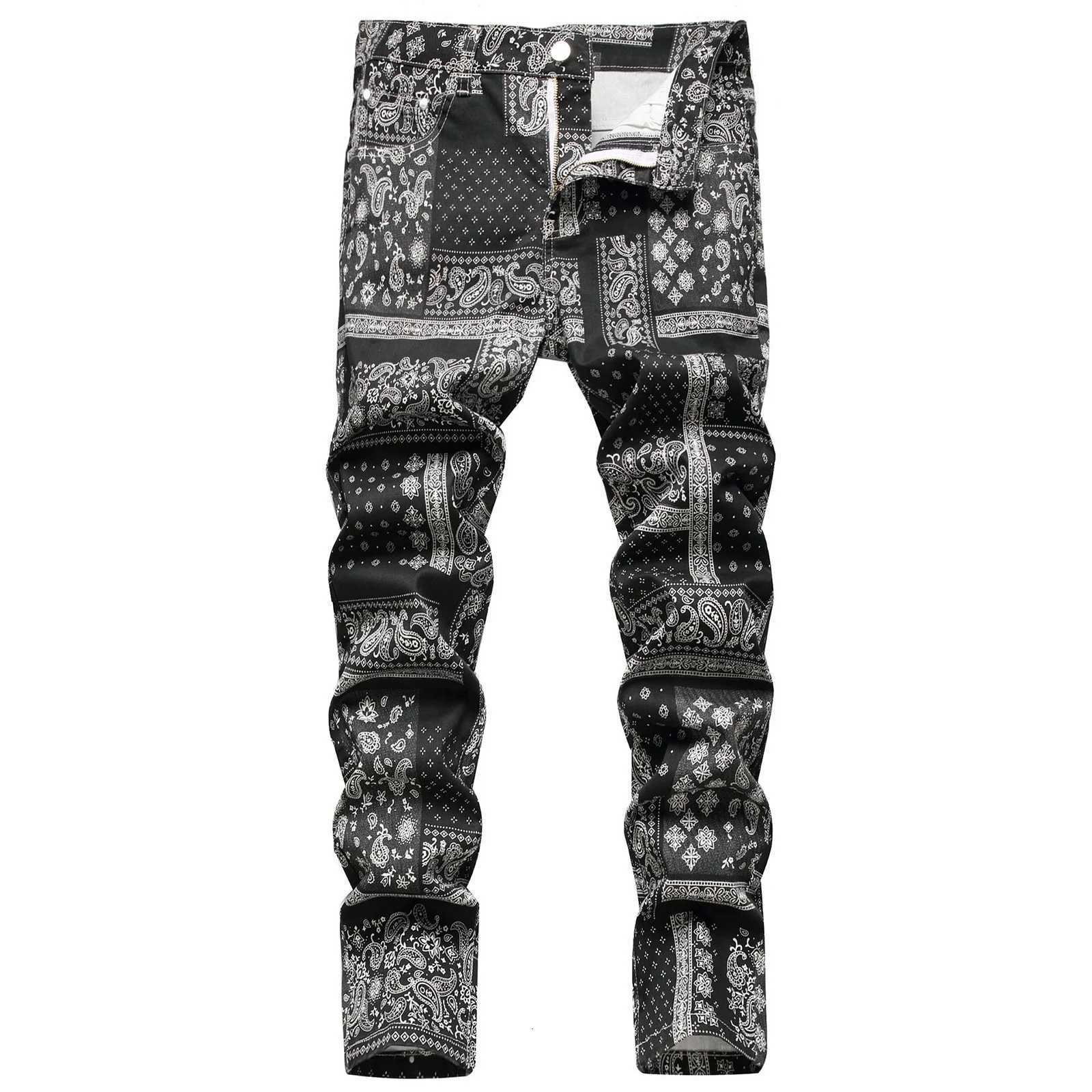 3D Digital Printed Paisley Bandanna Jeans Fashion Stretch Denim Pants Slim Straight Black Trousers X250812