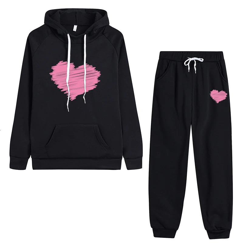 Womens Hoodie Tracksuit 2pcs Set Fall Winter Daily Casual Sport Outfits Cute Heart Hooded Sweatshirt Sweatpants 250805