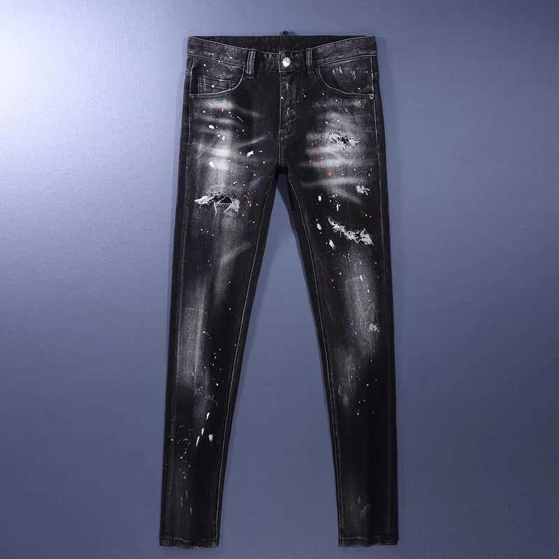 Fashionable new mens jeans scratch painted washed nostalgic stretchy slim fit blue jeans high street designer hip-hop style X250812
