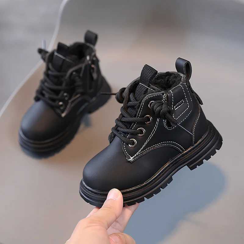 New Childrens Fashion Boots Winter Thickened Boys Girls Anti Slip Warm Leather Boots Side Zipper Solid Color Kids Casual Shoes XJ250812
