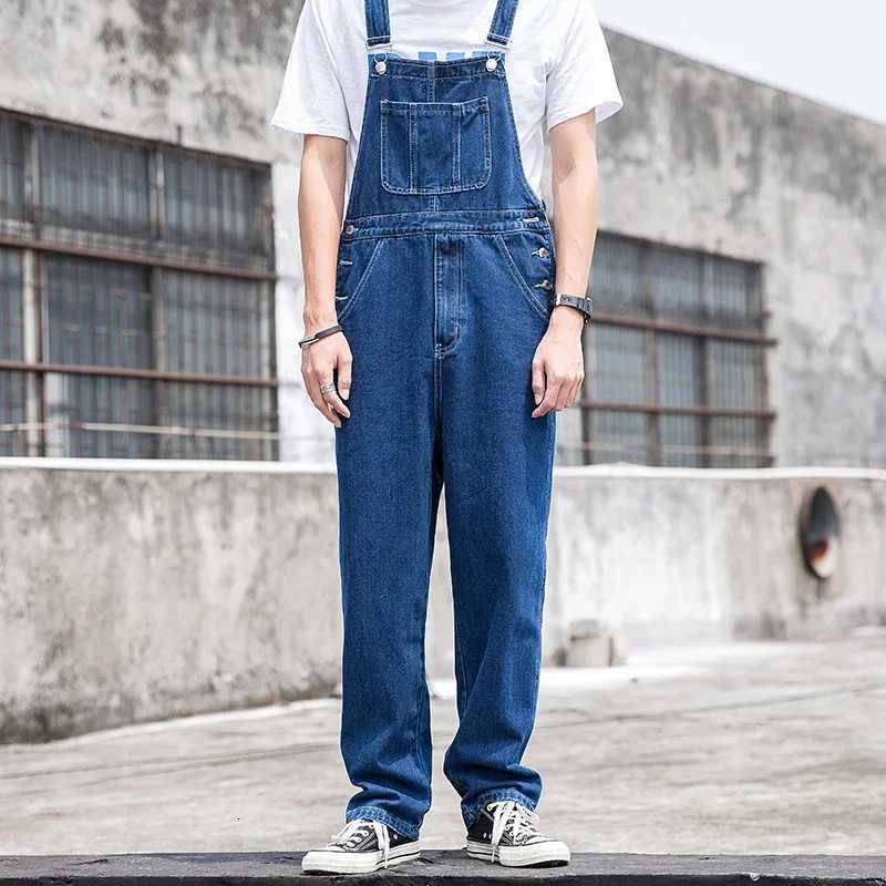 Blue Mens Suspenders Loose Straight Unisex Work Pants One Piece Tooling Suspenders Pants Men Denim Jumpsuit X250812