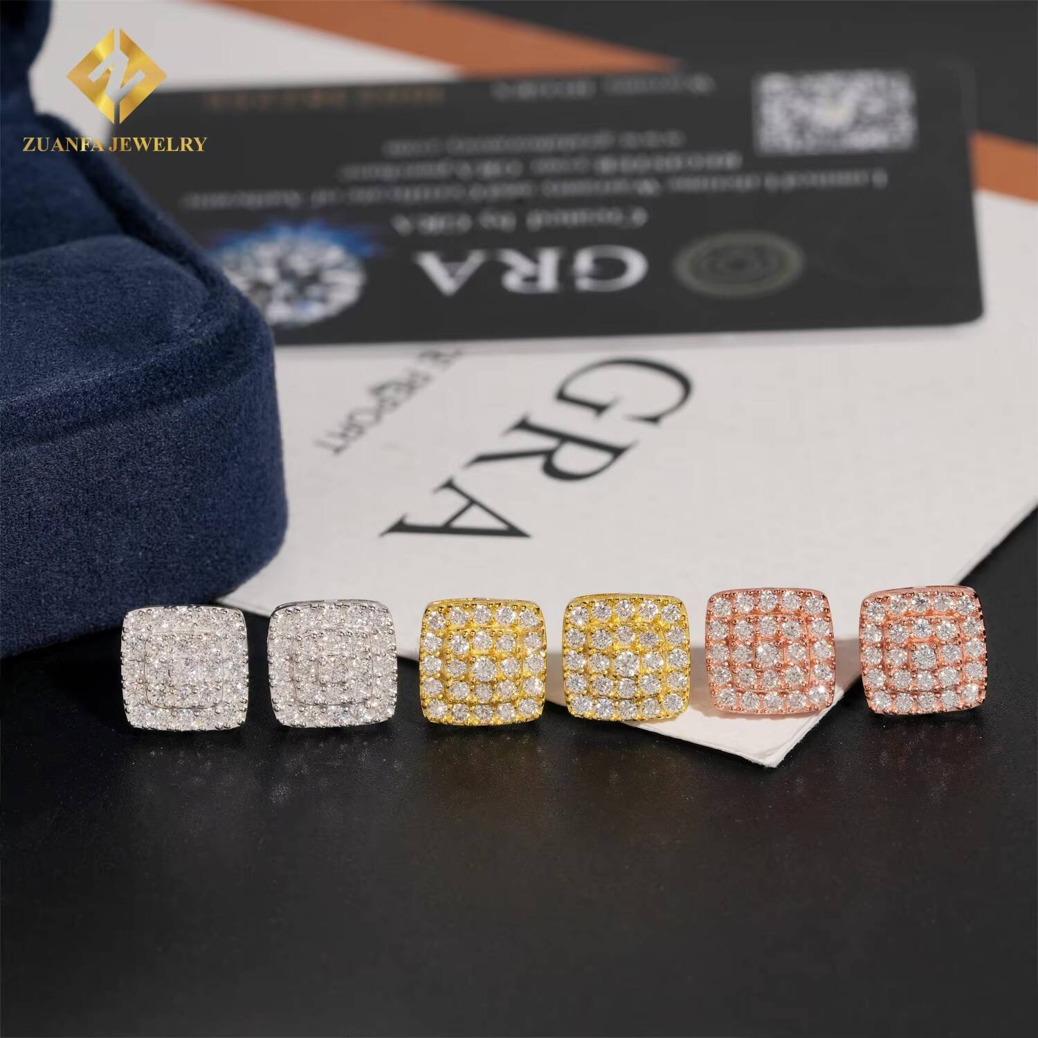 RTS Luxury 925 Silver 3Rows VVS Moissanite Square Hip Hop Jewelry Screw Back Earrings Iced Out Diamond Ear Studs Unisex