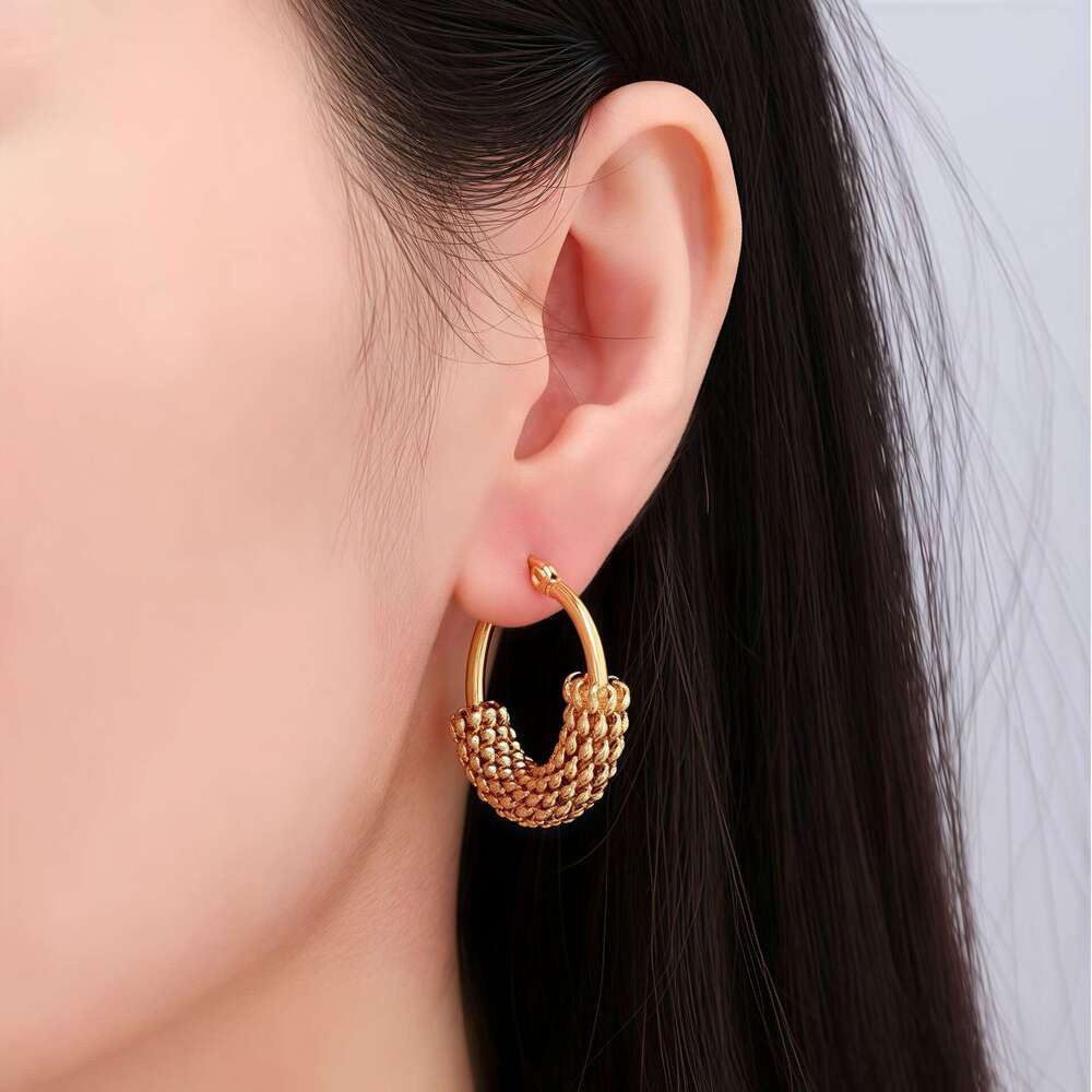 Personalized Mesh Half-Wrapped Titanium Gold-Plated Anti-Fade Craft Stainless Steel Earrings