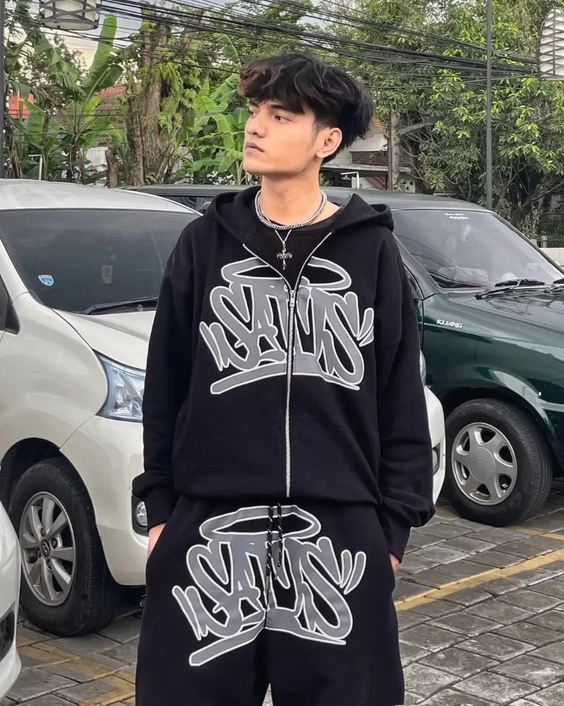 American street fashion personality suit Y2K unisex retro zip hoodie street hip-hop print casual sportswear and trousers 250805