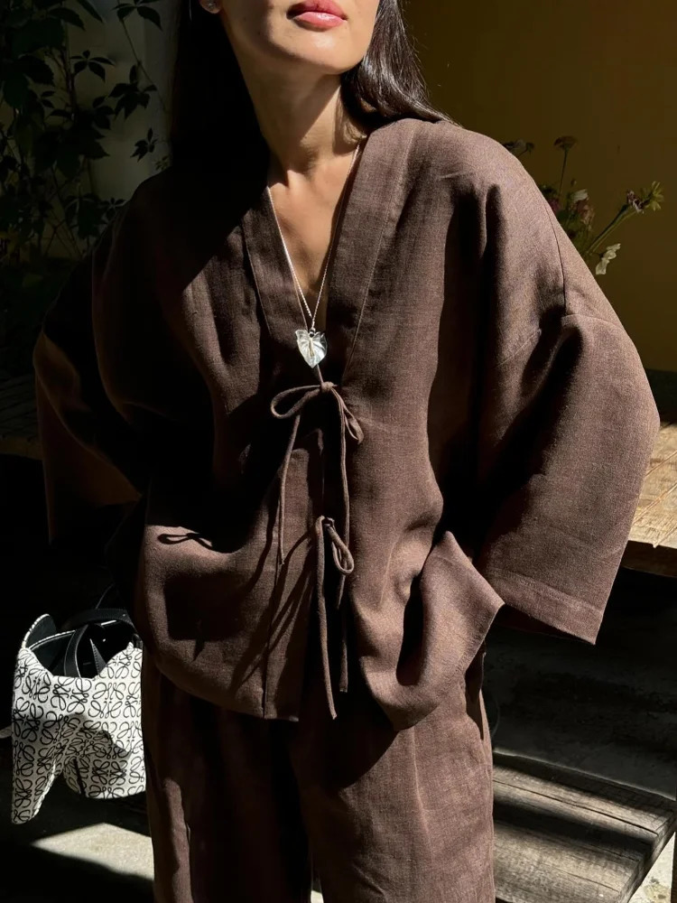 Summer Brown Cotton Linen Loose Pants Sets Fashion V-neck Lace Up Long Sleeve Shirt Suit 2025 Womens Casual 2 Piece Outfits 250811