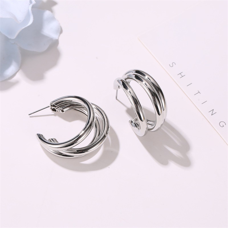 Ins Style Multi-Layer Hoop Earrings For Women, Personality And Temperament Three-Layer Half-Circle Cross Earrings, Exaggerated Ear Accessories