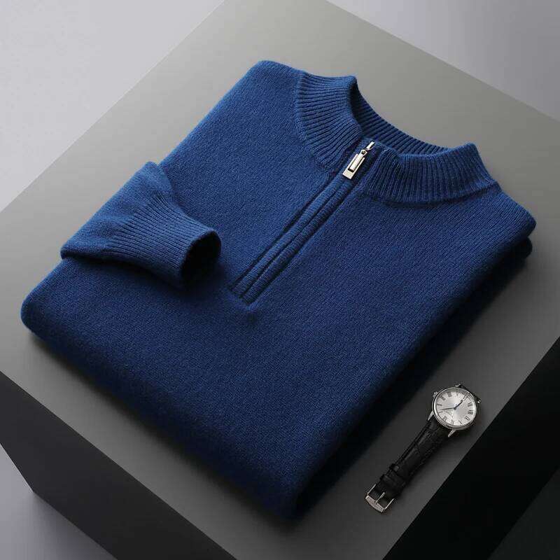 100% Merino Wool Knitted Sweater Men's Semi-Zipper High-Neck Thicken Pullovers Fashion Loose Large Size Tops Cashmere Base Shirt 250812