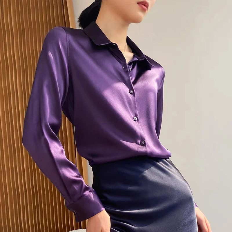 Spring Autumn Elagant Satin Womens Blouse 2025 Long Sleeve Turndown Collar Korean Casual Loose Office Lady Shirts Female 250808