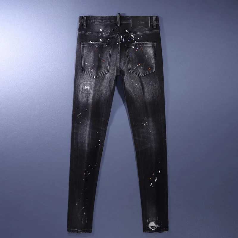 Fashionable new mens jeans scratch painted washed nostalgic stretchy slim fit blue jeans high street designer hip-hop style X250812