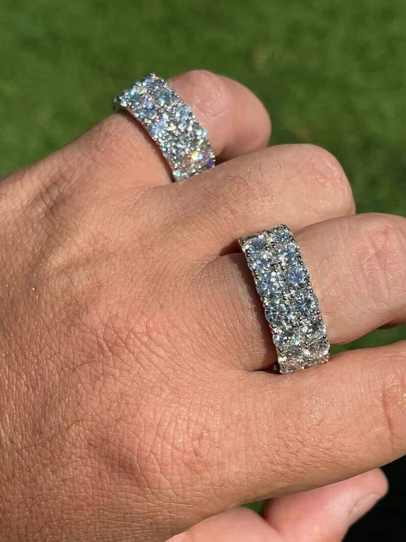 Pass Diamond Tester 2 Rows VVS Diamond Mens Womens Solid 925 Sterling Silver Hip Hop Iced Tennis MOISSANITE Ring