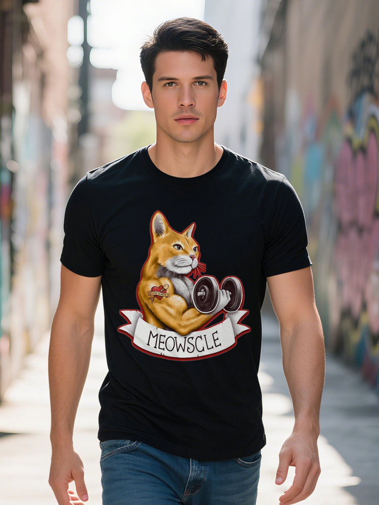 Men's Casual Crew Neck T-Shirt with Funny Meowscle Cat Graphic Knit Fabric Slight Stretch Regular Fit Summer