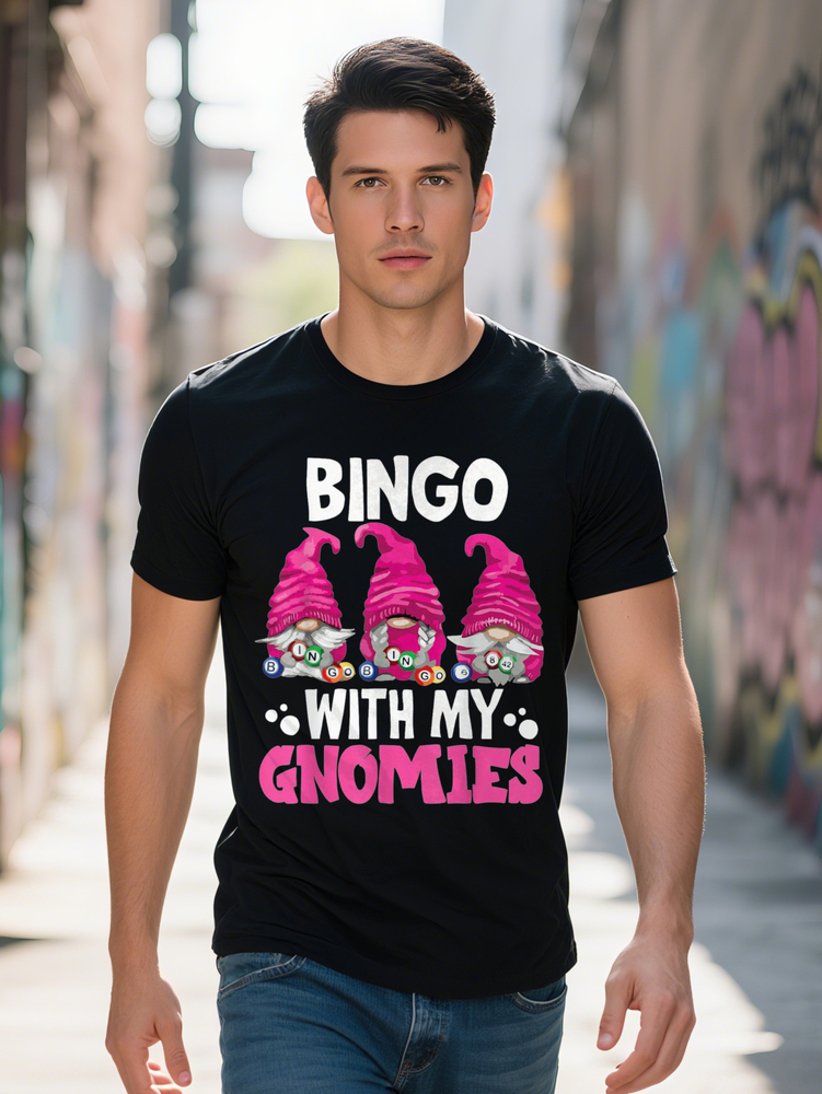 Men s with My Gnomies Graphic T Shirt Funny Bingo Gnome Design Soft Cotton Short Sleeve Breathable Comfortable