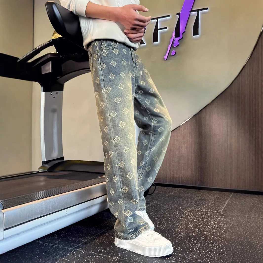 Light Blue Full Print Jacquard Jeans for Men Niche Design Curved Knife Pants American High Street Straight Leg Pants X250812