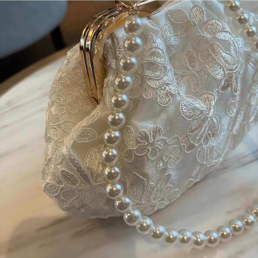 Embroidered Evening Handbags Pearl Chain Shoulder Bag All-Match Clip Dinner Party Clutch Purse Women Messenger Bags White 250809