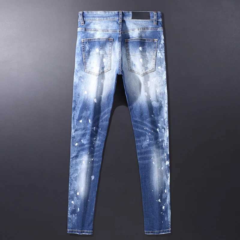 Street fashion mens jeans retro blue elastic slim fit retro elastic slim fit jeans mens patchwork designer hip-hop brand denim X250812