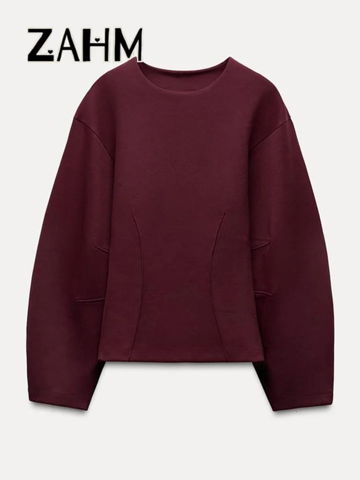 Casual Burgundy Pullover Pants Sets Women Slim O-neck Puff Sleeve Top Wide Leg Trousers 2025 Autumn Lady 2 Pieces Sets 250811