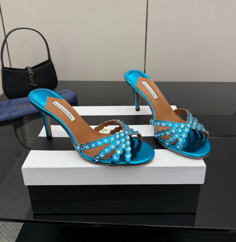 25S/S Summer Luxury Aquzua Shoes Tequila Plexi Mule open toe gold .green high-heeled leather sandals 35-43 dust bag, shoe box