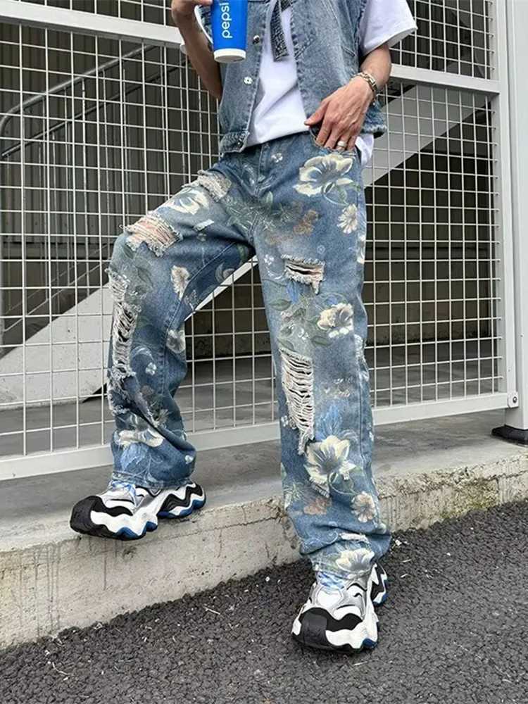 2024 Y2K Streetwear Clothing Flowers Print Ripped Baggy Jeans Pants Men Design Clothes Straight Grunge Denim Trousers Mens Pants X250812