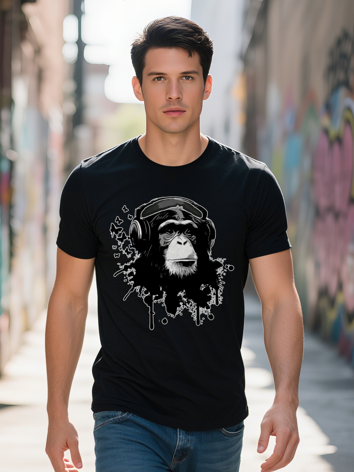Men's Casual Crew Neck T-Shirt Knit Fabric Slight Stretch Cartoon Chimp with Headphones Print Vintage Y K