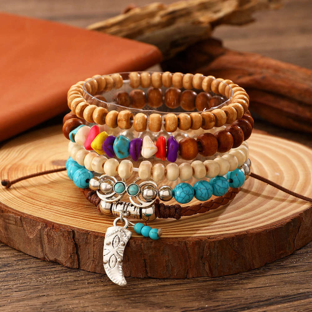 TEMU Bohemian Style Turquoise Wooden Bead Alloy Elastic Cord Men's Bracelet Women's Wristband