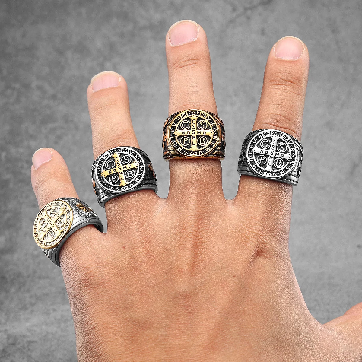 Exorcism Saint Benedict Cspb Cross Men Rings Punk Hip Hop for Boyfriend Male Stainless Steel Jewelry Creativity Gift Wholesale 250812