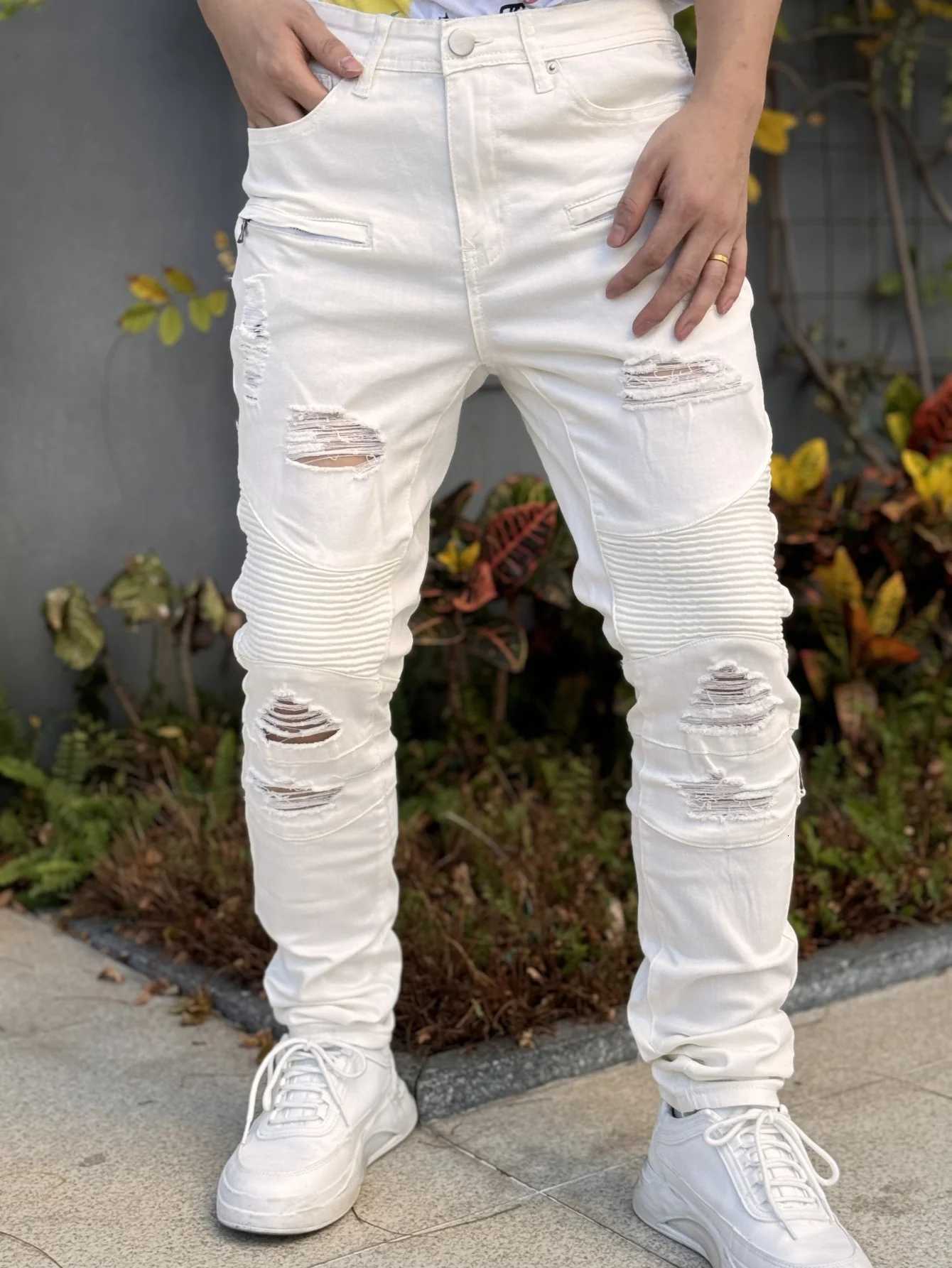 Fashionable Mens Jeans Cool and Stylish Hip Hop Style Casual Pants White Cotton Blend Fabric Breathable and Comfortable X250812