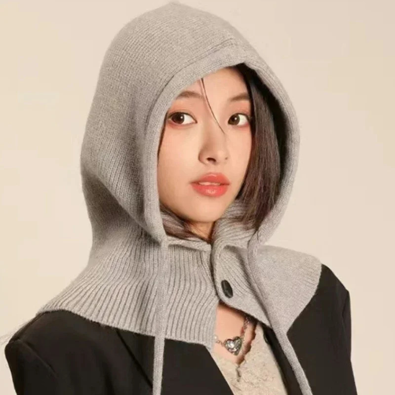 Korea Winter Hats and Scarf Set with Botton Scarf Balaclava Hat Warm Neck Set Women Knitted Wool Pullover Hat Gothic Y2k 250808