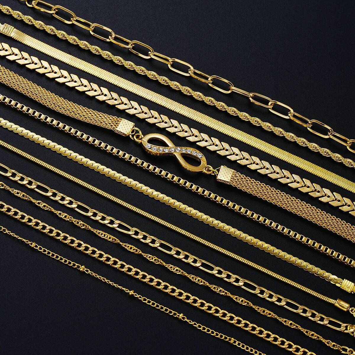 3/5/14 Pcs Punk Simple Metal Twist Bracelet Set For Women Fashion Gold Color Heart Zircon Tone Chain Daily Wear Jewelry Gifts