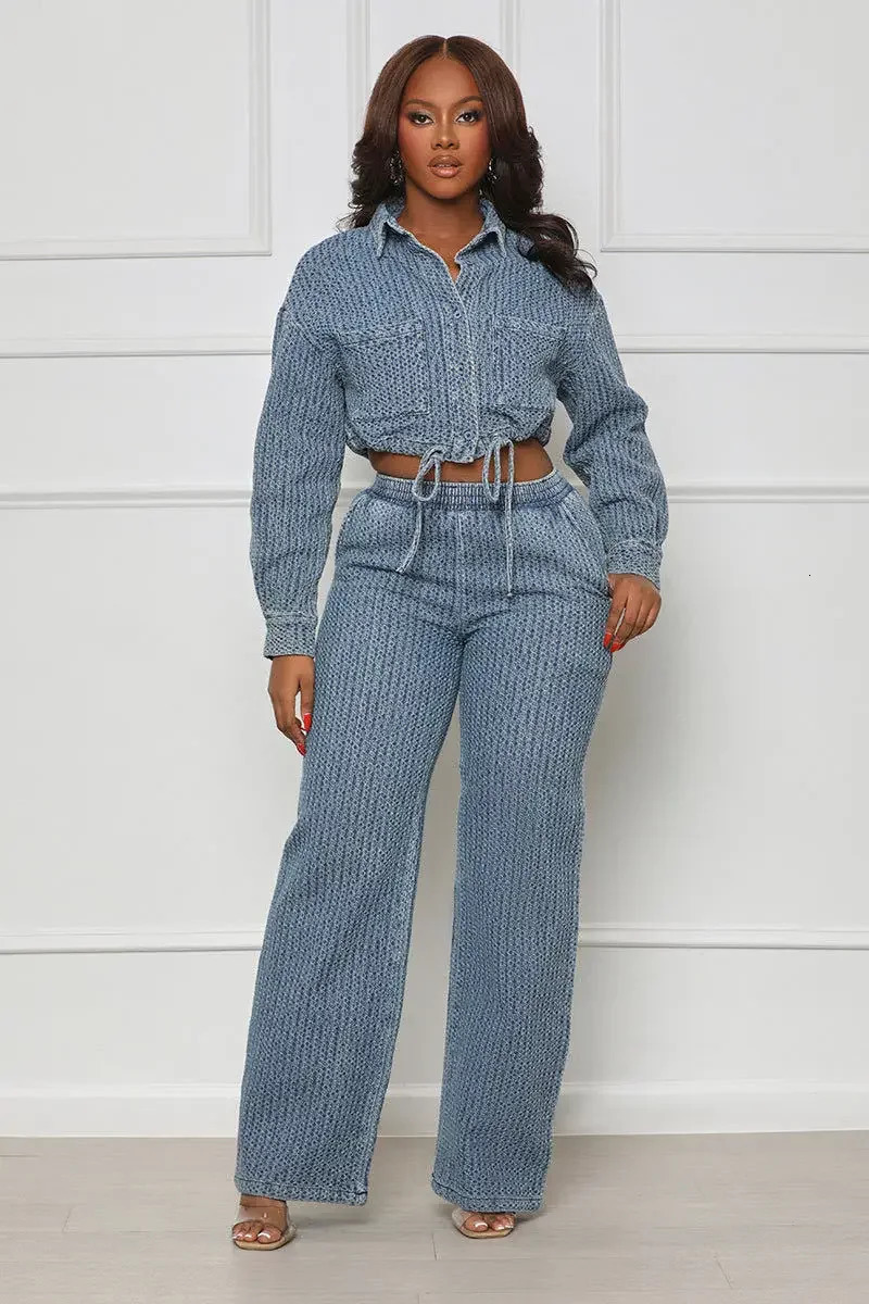 Two Piece Sets Women Denim Jacket Wide Leg Pants Jeans Suits Drawstring Coat Trousers 2025 Y2k Matching Sets Streetwear Outfits 250808