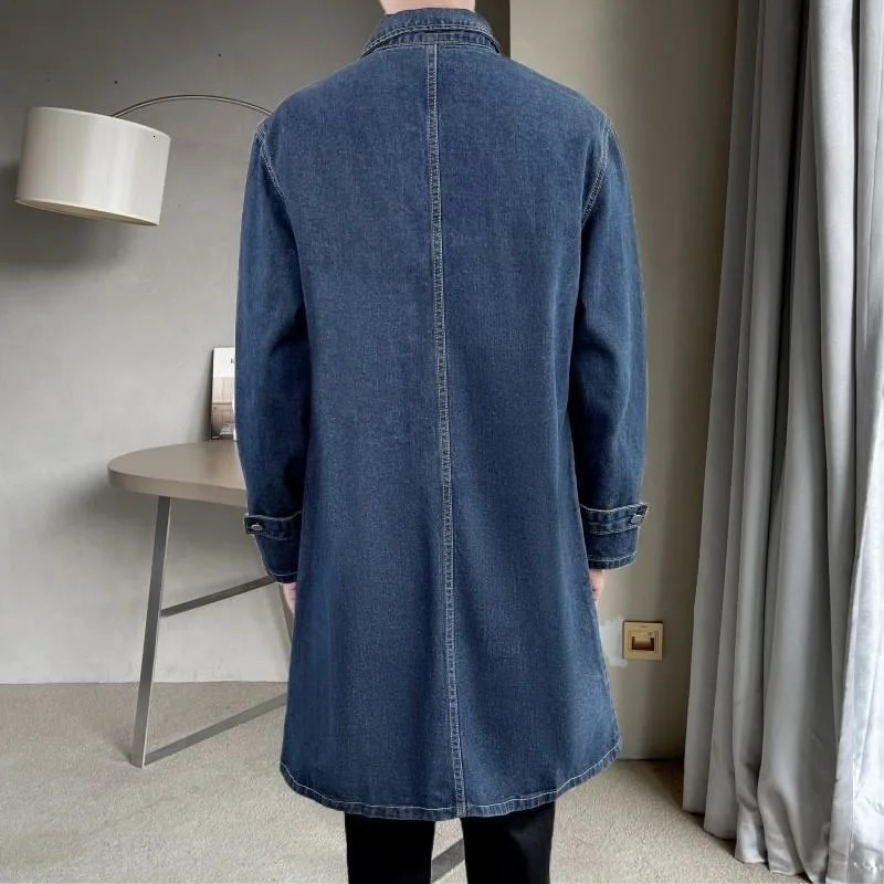 Vintage Denim Trench Coat Men Medium Long Styles Loose Tops Windbreaker Autumn Winter With Plush Thickening Overcoat Jacket 250805