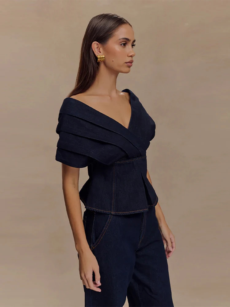 Womens Sexy Two-Piece Suit Denim Long Pants Set High Street Deep V-Neck Bandage Top Backless Straight Loose Jeans 250806