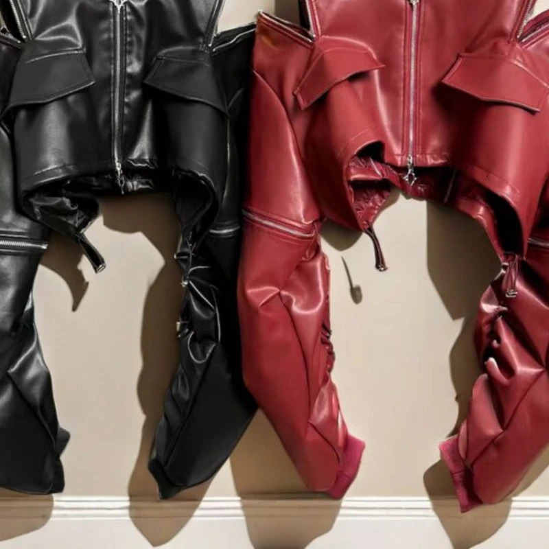 Y2k Aesthetic PU Leather Jacket Womens Streetwear Pleated Grunge Solid Jackets Loose Harajuku Zipper Female Punk Crop Coat 250811