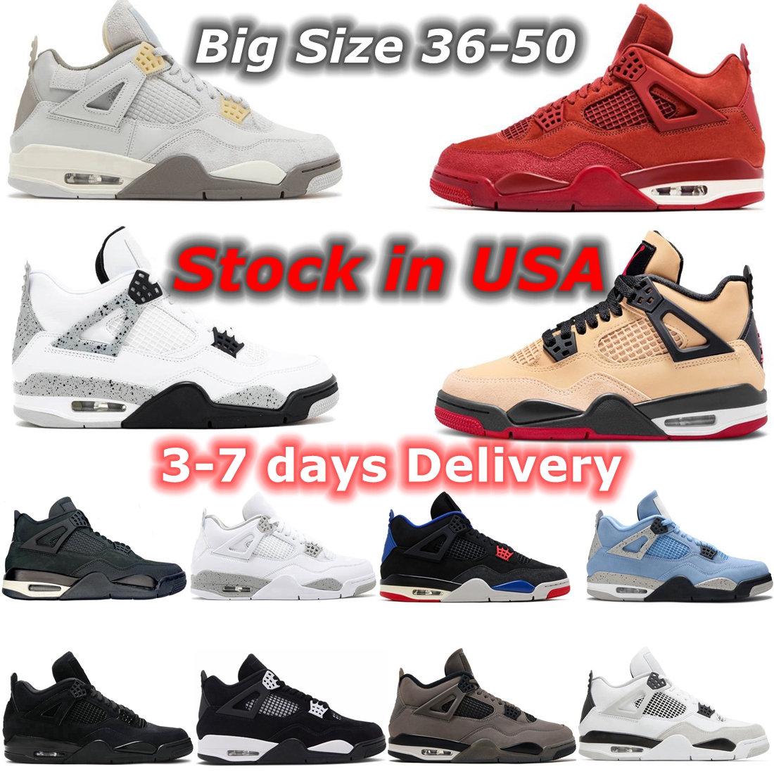 Mens 4 Basketball Shoes Black Cat 4s Sneakers Pizza University Blue White Cement Thunder Pine Green Oreo Seafoam Brick by Brick Men Women Sports Trainers Big Size 36-50