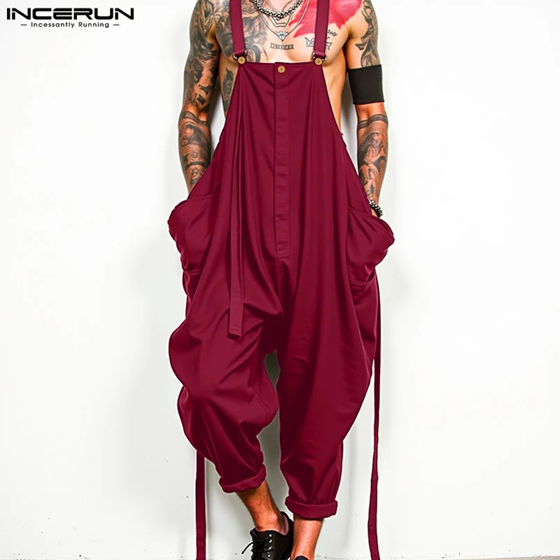2025 Men Jumpsuits Solid Color Oversize Sleeveless Loose Wide Leg Rompers Streetwear Pockets Fashion Straps Overalls INCERUN 250729